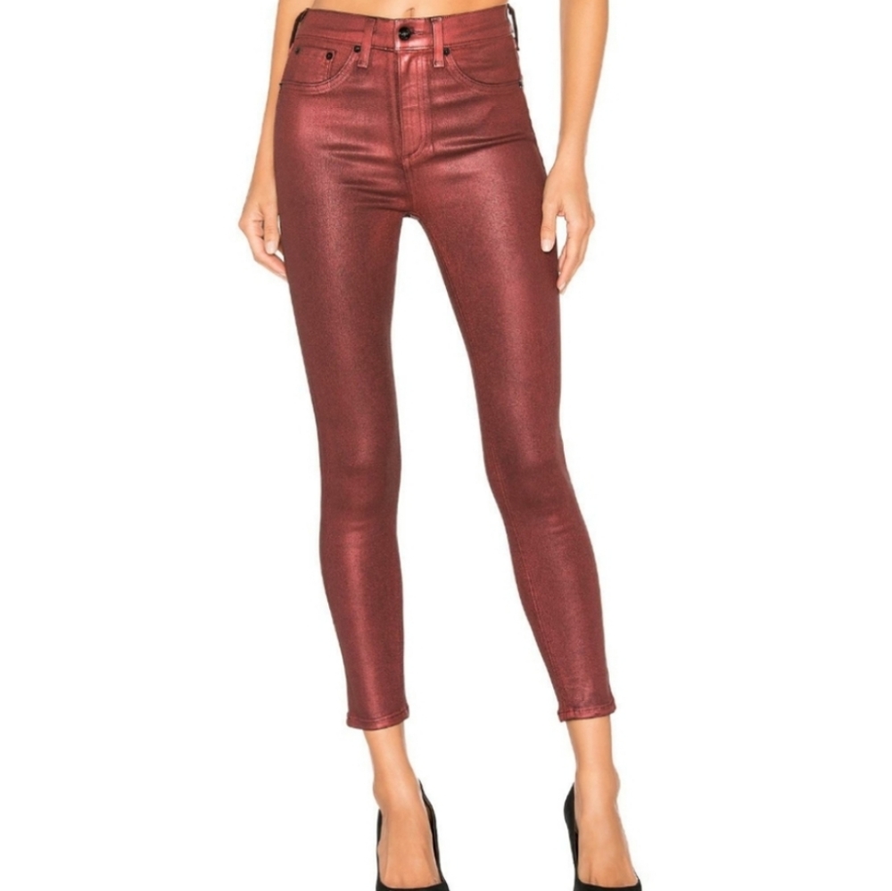 RAG & BONE RED METALLIC HIGH RISE ANKLE SKINNY JEANS.